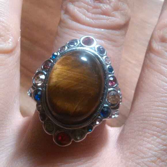 Tiger's Eye and Austrian Crystal Stainless Steel Ring (Size 9) - Picture 11 of 16
